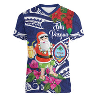 Guam Christmas Women V-Neck T-Shirt Poinsettia With Bougainvillea - Felis Pasgua! LT14 Female Blue - Polynesian Pride