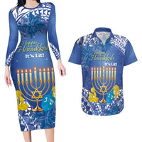 Personalised Hanukkah Jewish Festival Couples Matching Long Sleeve Bodycon Dress and Hawaiian Shirt It's Lit - Polynesian Pattern LT14 Blue - Polynesian Pride