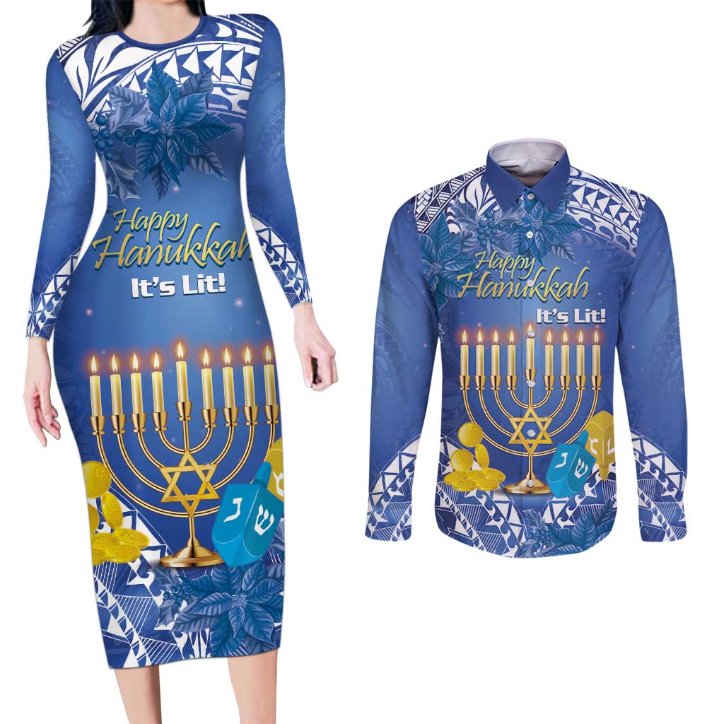 Personalised Hanukkah Jewish Festival Couples Matching Long Sleeve Bodycon Dress and Long Sleeve Button Shirt It's Lit - Polynesian Pattern LT14 Blue - Polynesian Pride