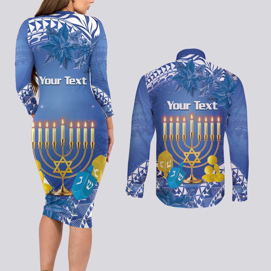 Personalised Hanukkah Jewish Festival Couples Matching Long Sleeve Bodycon Dress and Long Sleeve Button Shirt It's Lit - Polynesian Pattern LT14 - Polynesian Pride