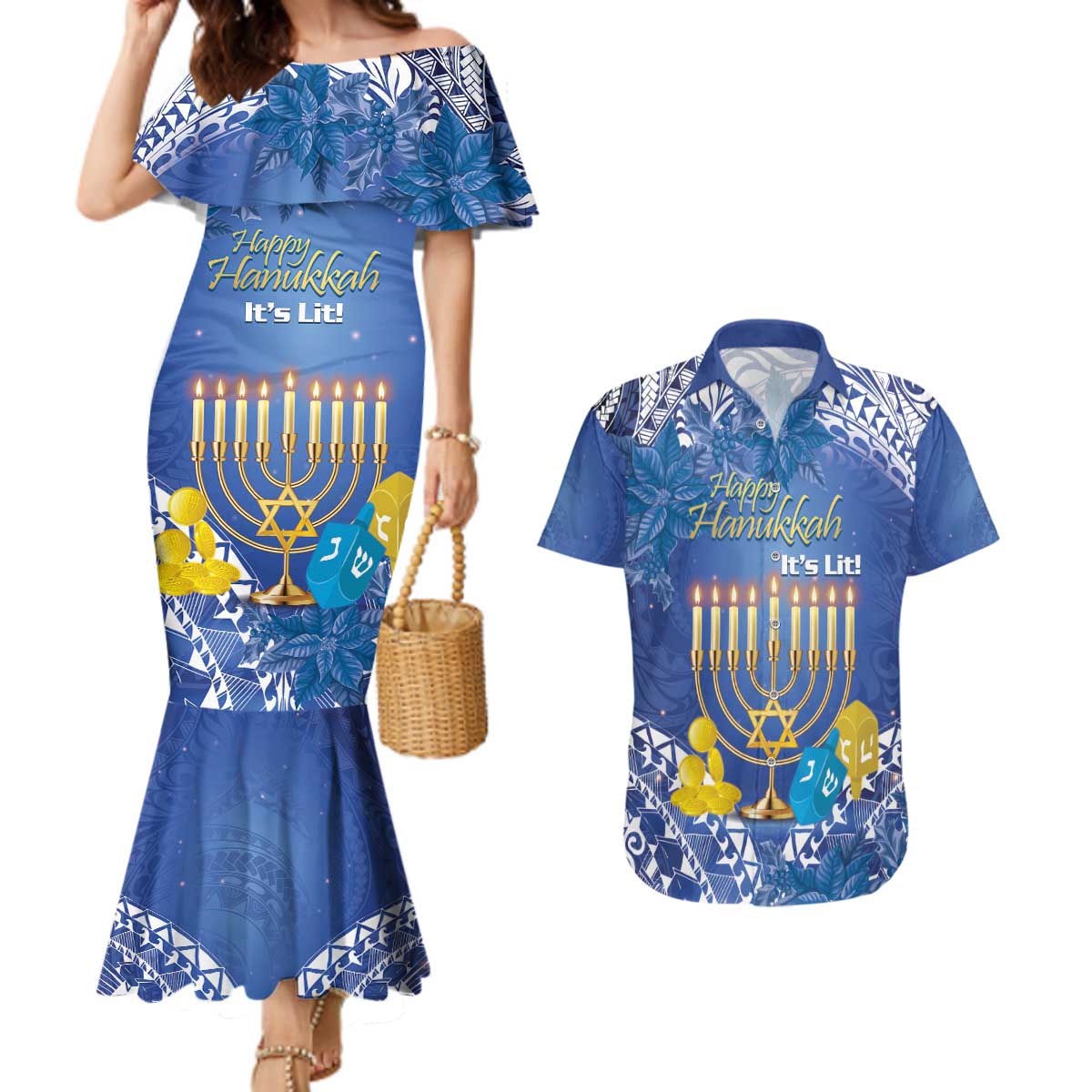 Personalised Hanukkah Jewish Festival Couples Matching Mermaid Dress and Hawaiian Shirt It's Lit - Polynesian Pattern LT14 Blue - Polynesian Pride