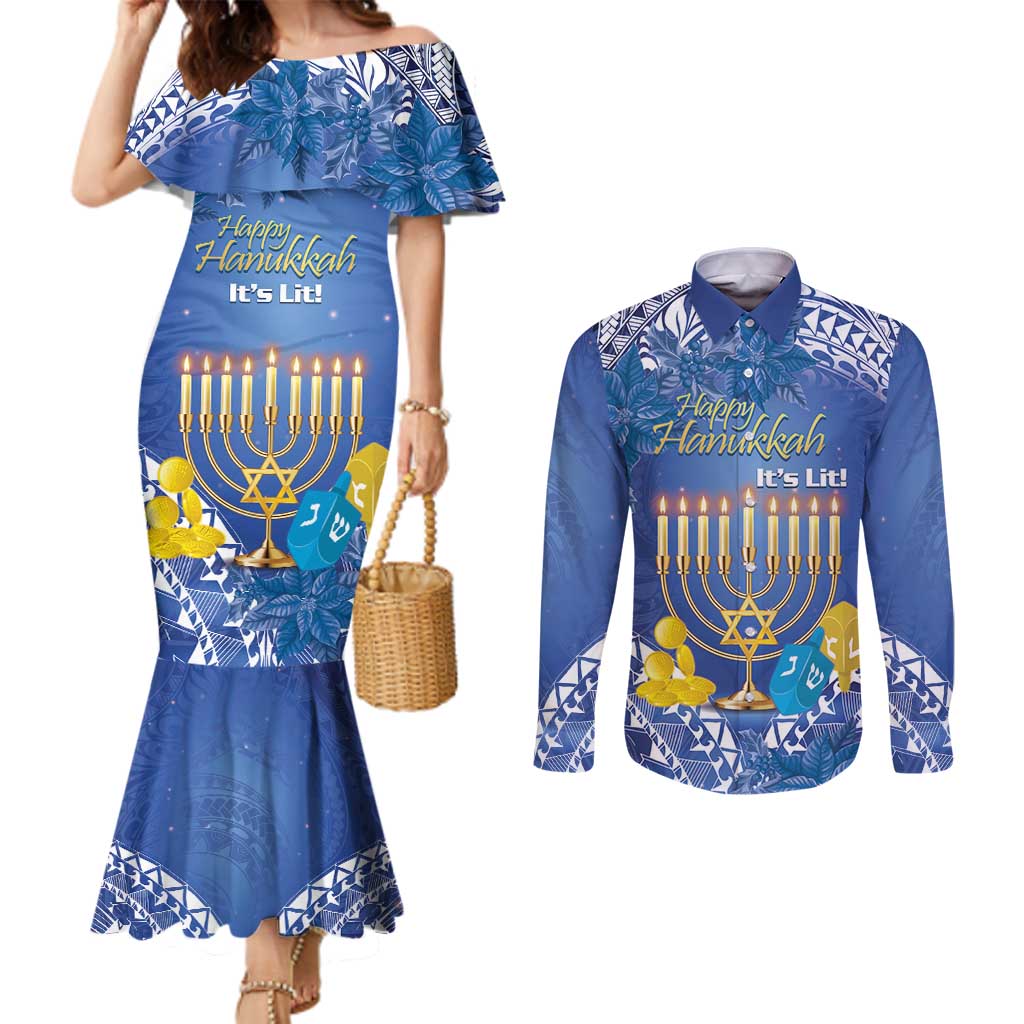Personalised Hanukkah Jewish Festival Couples Matching Mermaid Dress and Long Sleeve Button Shirt It's Lit - Polynesian Pattern LT14 Blue - Polynesian Pride
