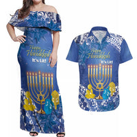 Personalised Hanukkah Jewish Festival Couples Matching Off Shoulder Maxi Dress and Hawaiian Shirt It's Lit - Polynesian Pattern LT14 Blue - Polynesian Pride