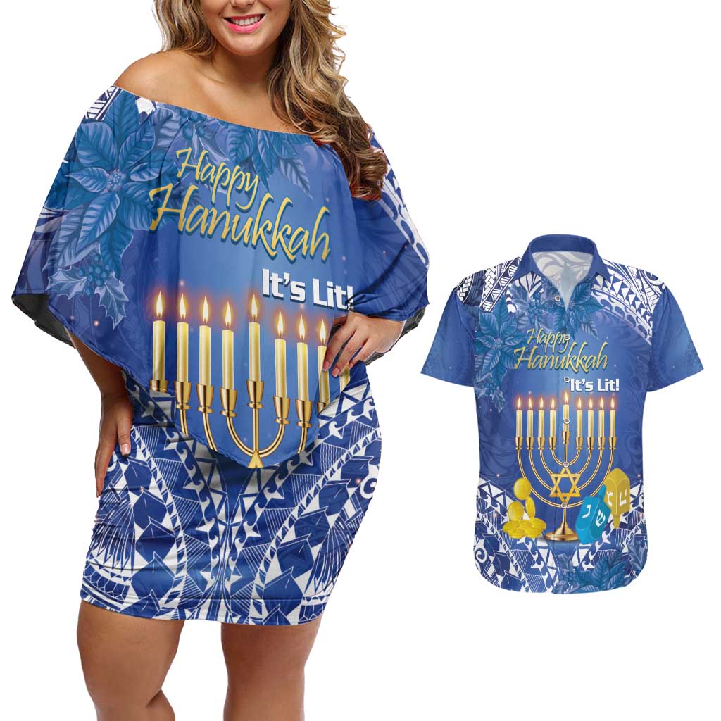 Personalised Hanukkah Jewish Festival Couples Matching Off Shoulder Short Dress and Hawaiian Shirt It's Lit - Polynesian Pattern LT14 Blue - Polynesian Pride