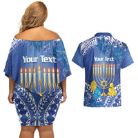 Personalised Hanukkah Jewish Festival Couples Matching Off Shoulder Short Dress and Hawaiian Shirt It's Lit - Polynesian Pattern LT14 - Polynesian Pride