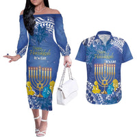 Personalised Hanukkah Jewish Festival Couples Matching Off The Shoulder Long Sleeve Dress and Hawaiian Shirt It's Lit - Polynesian Pattern LT14 Blue - Polynesian Pride