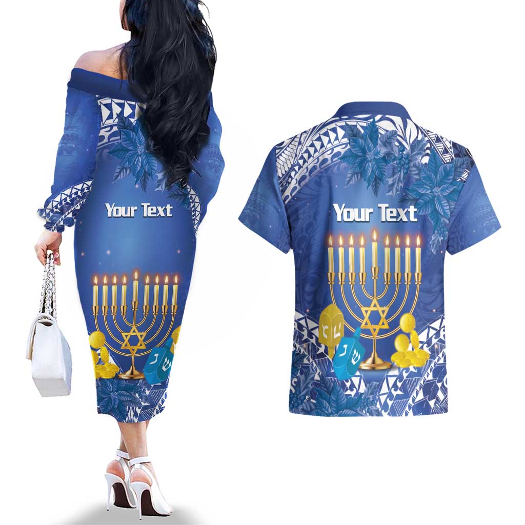 Personalised Hanukkah Jewish Festival Couples Matching Off The Shoulder Long Sleeve Dress and Hawaiian Shirt It's Lit - Polynesian Pattern LT14 - Polynesian Pride