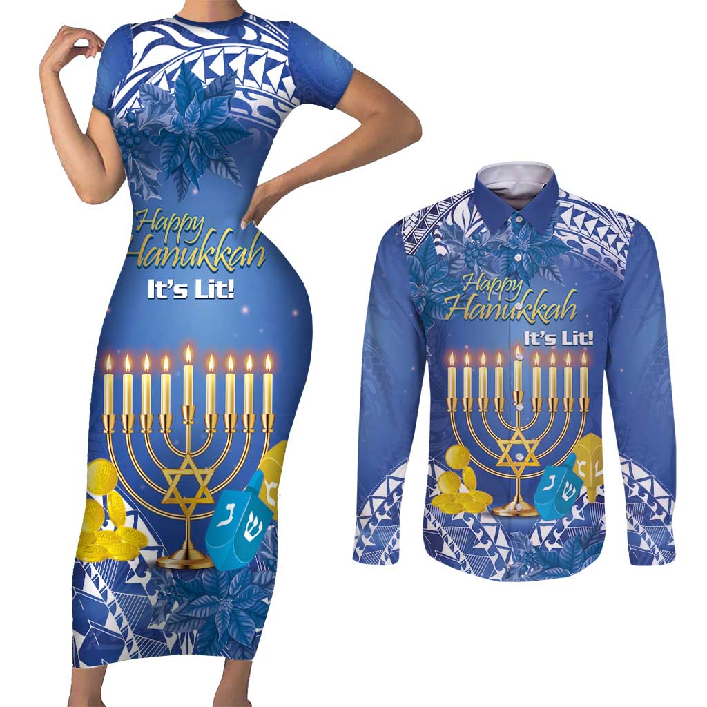 Personalised Hanukkah Jewish Festival Couples Matching Short Sleeve Bodycon Dress and Long Sleeve Button Shirt It's Lit - Polynesian Pattern LT14 Blue - Polynesian Pride