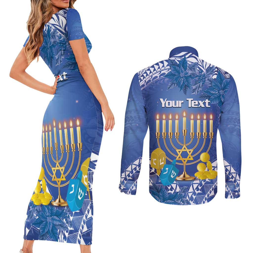 Personalised Hanukkah Jewish Festival Couples Matching Short Sleeve Bodycon Dress and Long Sleeve Button Shirt It's Lit - Polynesian Pattern LT14 - Polynesian Pride