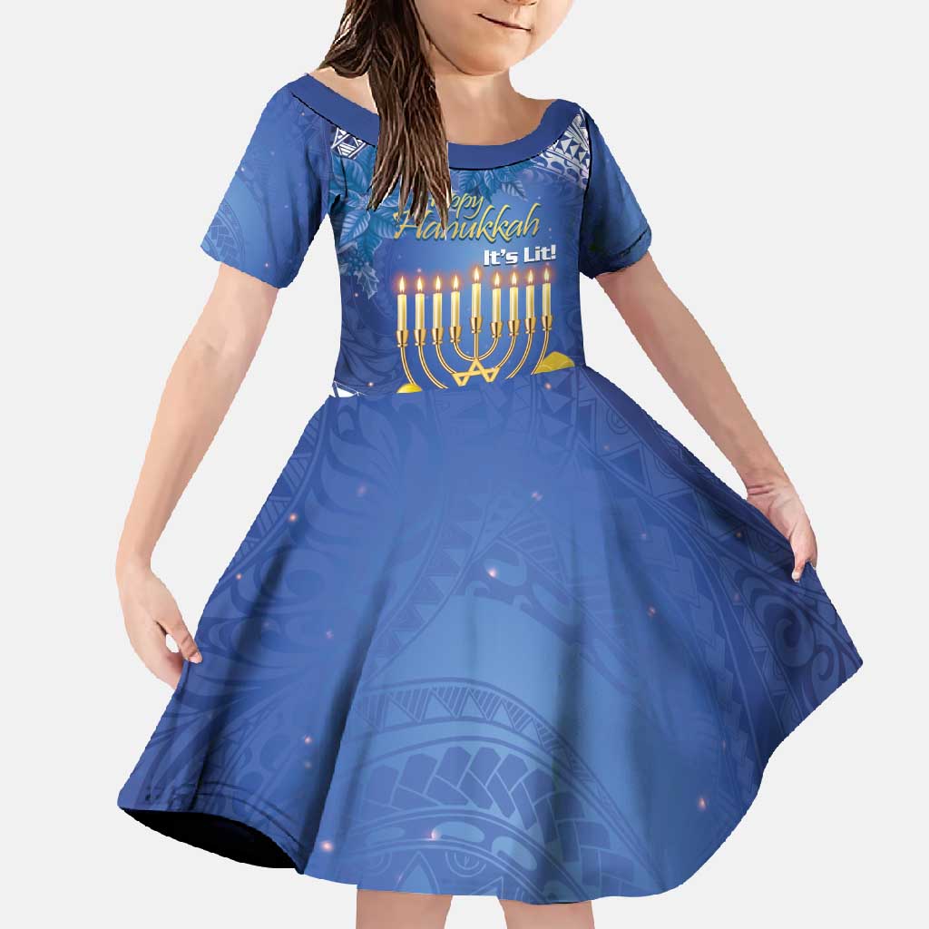 Personalised Hanukkah Jewish Festival Family Matching Mermaid Dress and Hawaiian Shirt It's Lit - Polynesian Pattern LT14 Daughter's Dress Blue - Polynesian Pride