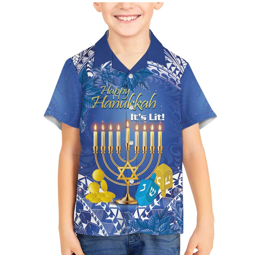 Personalised Hanukkah Jewish Festival Family Matching Mermaid Dress and Hawaiian Shirt It's Lit - Polynesian Pattern LT14 Son's Shirt Blue - Polynesian Pride