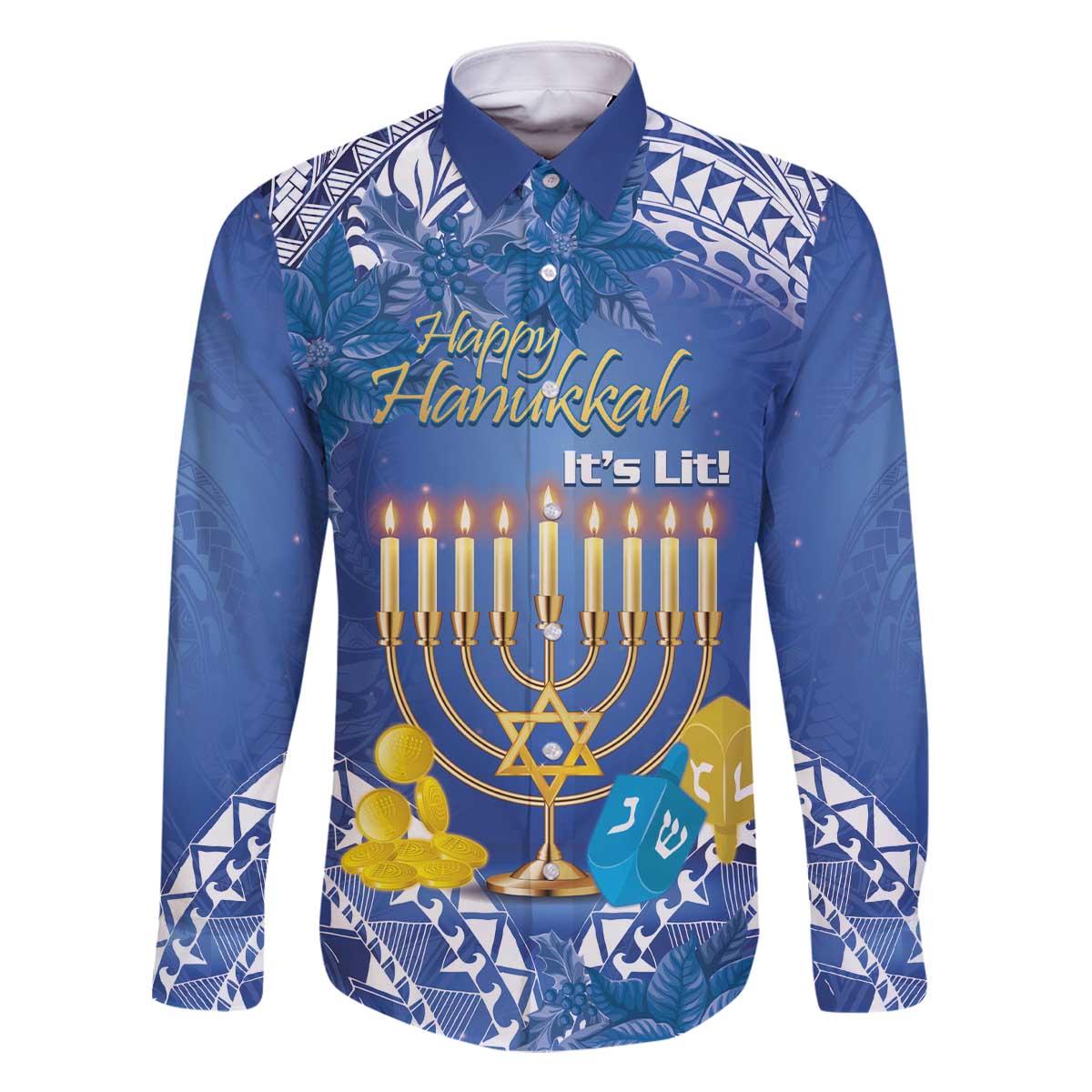 Personalised Hanukkah Jewish Festival Family Matching Off The Shoulder Long Sleeve Dress and Hawaiian Shirt It's Lit - Polynesian Pattern LT14 Dad's Shirt - Long Sleeve Blue - Polynesian Pride