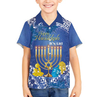 Personalised Hanukkah Jewish Festival Family Matching Off The Shoulder Long Sleeve Dress and Hawaiian Shirt It's Lit - Polynesian Pattern LT14 Son's Shirt Blue - Polynesian Pride
