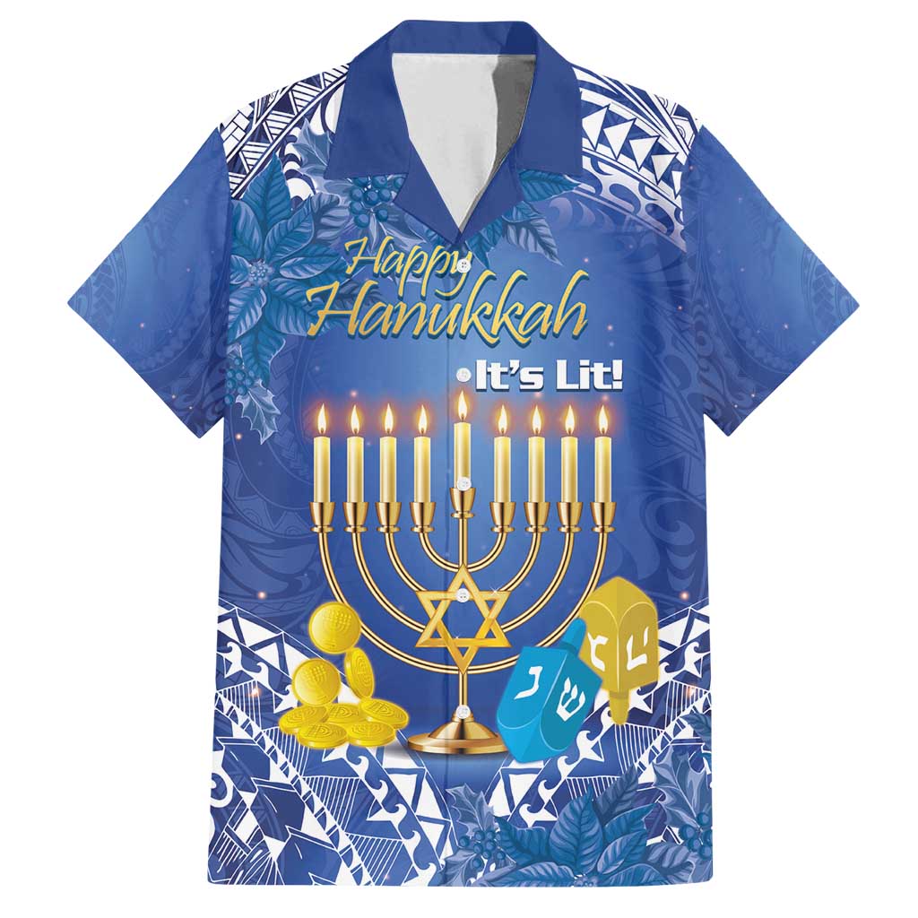 Personalised Hanukkah Jewish Festival Family Matching Off Shoulder Maxi Dress and Hawaiian Shirt It's Lit - Polynesian Pattern LT14 Dad's Shirt - Short Sleeve Blue - Polynesian Pride