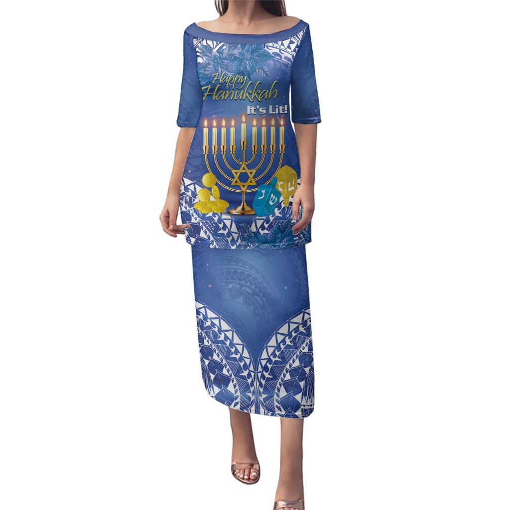 Personalised Hanukkah Jewish Festival Family Matching Puletasi and Hawaiian Shirt It's Lit - Polynesian Pattern LT14 Mom's Dress Blue - Polynesian Pride