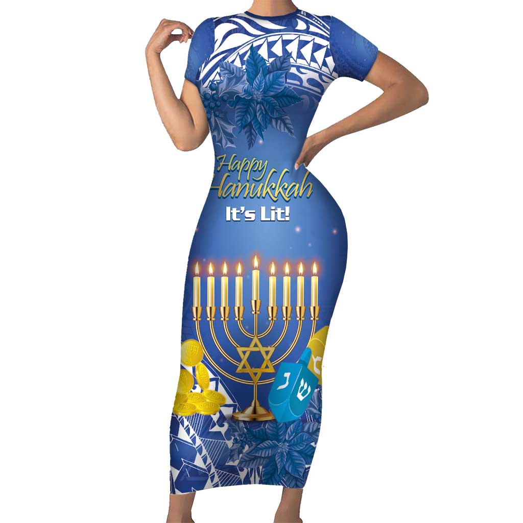 Personalised Hanukkah Jewish Festival Family Matching Short Sleeve Bodycon Dress and Hawaiian Shirt It's Lit - Polynesian Pattern LT14 Mom's Dress Blue - Polynesian Pride