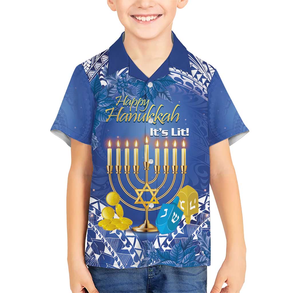 Personalised Hanukkah Jewish Festival Family Matching Short Sleeve Bodycon Dress and Hawaiian Shirt It's Lit - Polynesian Pattern LT14 Son's Shirt Blue - Polynesian Pride