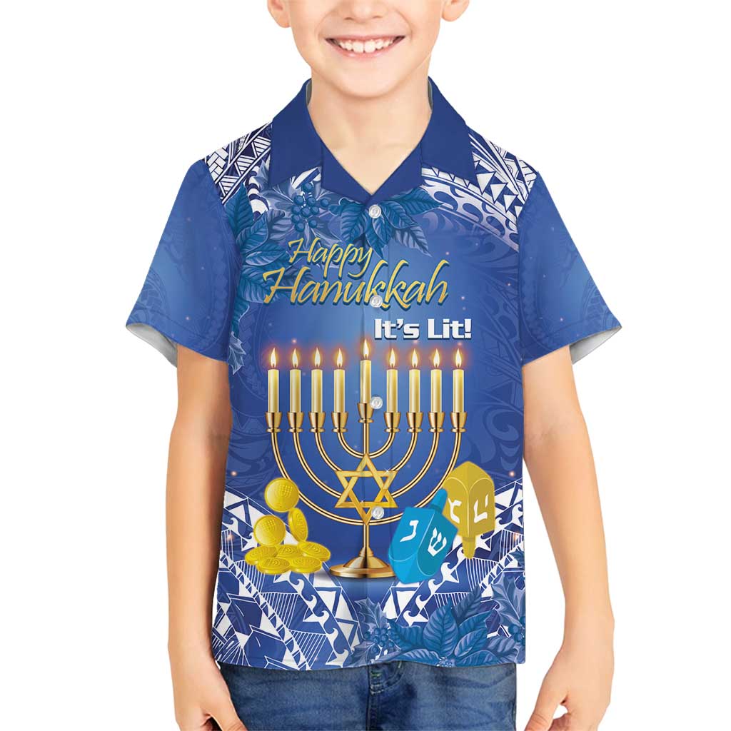 Personalised Hanukkah Jewish Festival Family Matching Tank Maxi Dress and Hawaiian Shirt It's Lit - Polynesian Pattern LT14 Son's Shirt Blue - Polynesian Pride