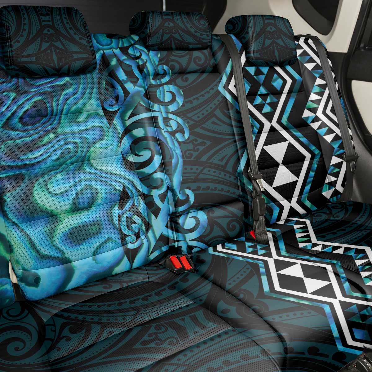 Turquoise Aotearoa Back Car Seat Cover Taniko Motifs With Paua Shell Kowhaiwhai LT14 - Polynesian Pride