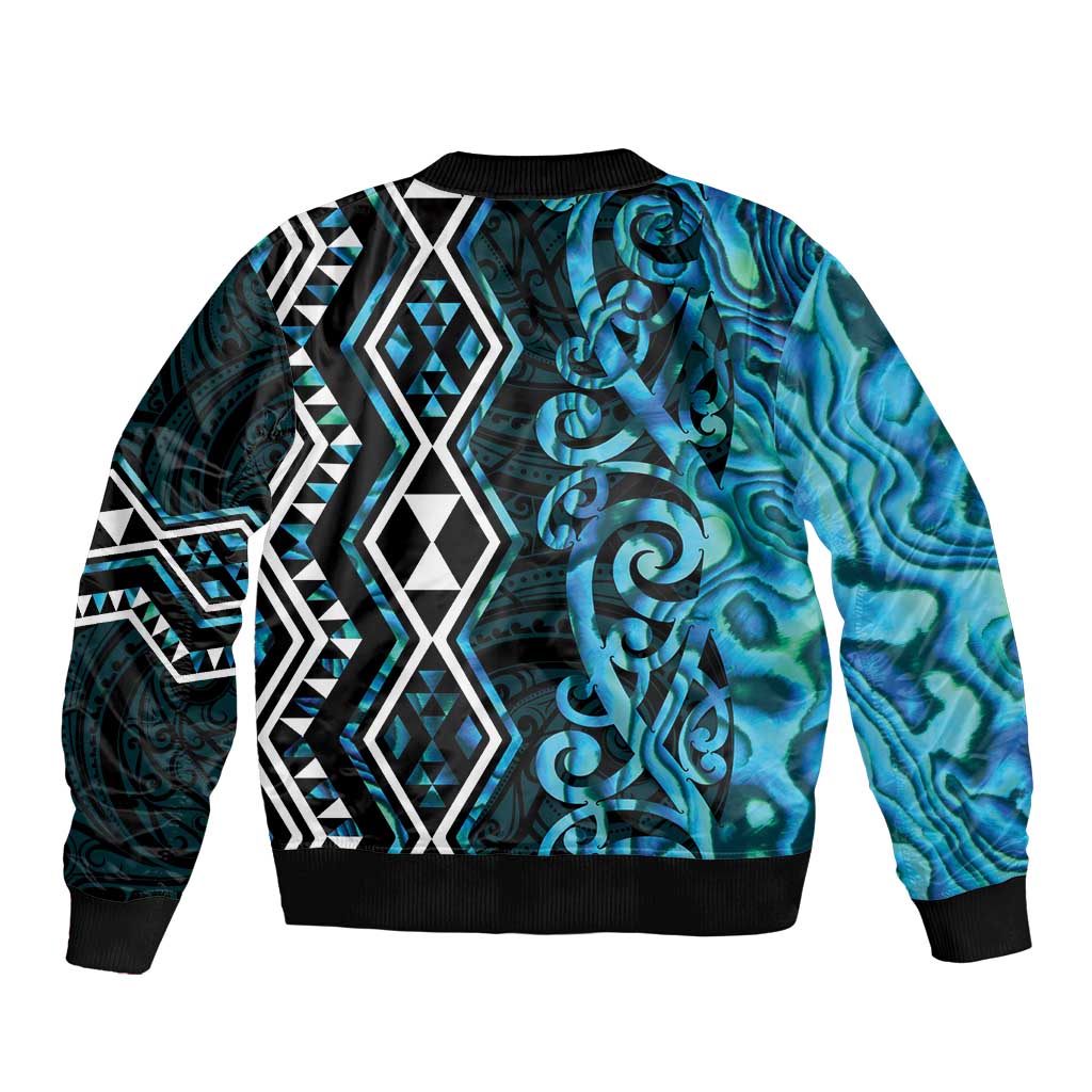 Turquoise Aotearoa Bomber Jacket Taniko Motifs With Paua Shell Kowhaiwhai LT14 - Polynesian Pride