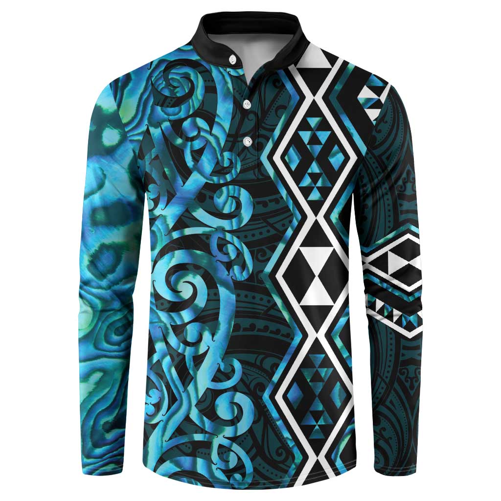 Turquoise Aotearoa Button Sweatshirt Taniko Motifs With Paua Shell Kowhaiwhai