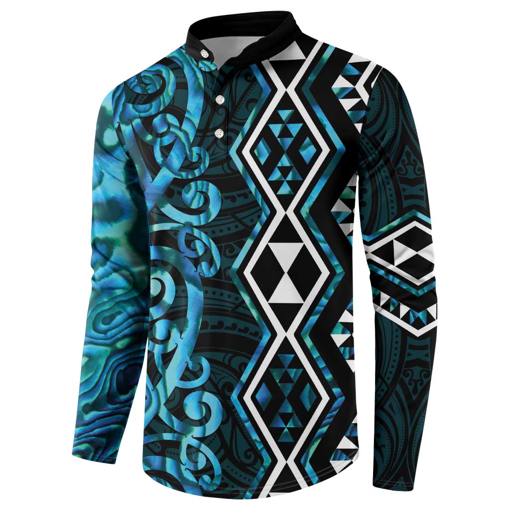 Turquoise Aotearoa Button Sweatshirt Taniko Motifs With Paua Shell Kowhaiwhai