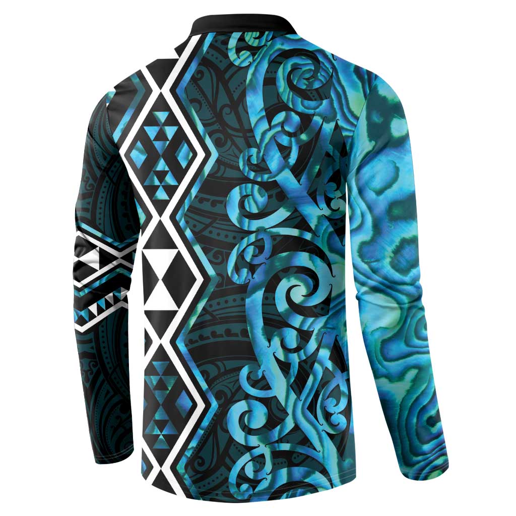 Turquoise Aotearoa Button Sweatshirt Taniko Motifs With Paua Shell Kowhaiwhai