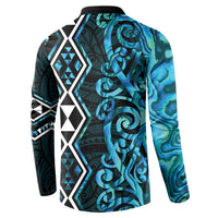 Turquoise Aotearoa Button Sweatshirt Taniko Motifs With Paua Shell Kowhaiwhai