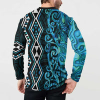 Turquoise Aotearoa Button Sweatshirt Taniko Motifs With Paua Shell Kowhaiwhai
