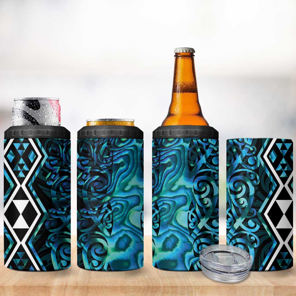Turquoise Aotearoa 4 in 1 Can Cooler Tumbler Taniko Motifs With Paua Shell Kowhaiwhai LT14 - Polynesian Pride