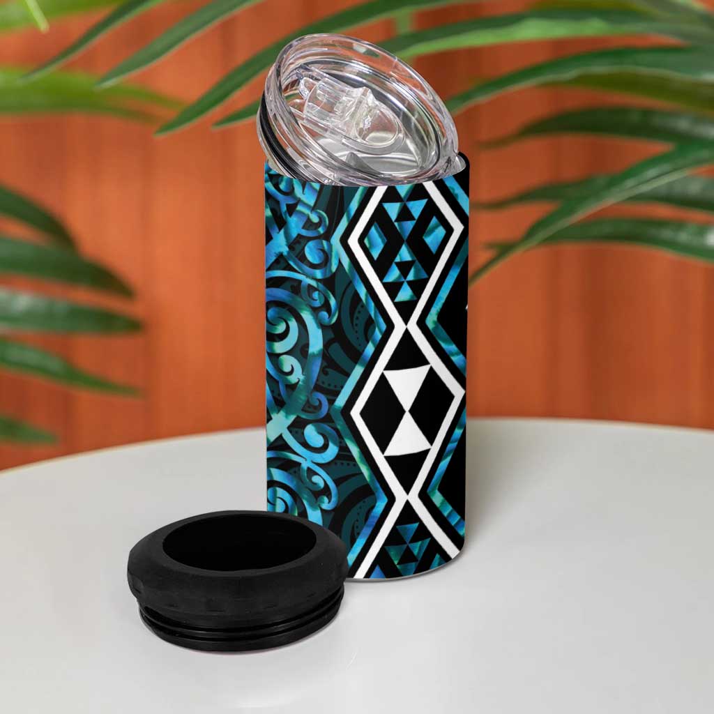 Turquoise Aotearoa 4 in 1 Can Cooler Tumbler Taniko Motifs With Paua Shell Kowhaiwhai LT14 - Polynesian Pride