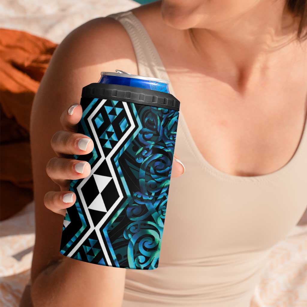 Turquoise Aotearoa 4 in 1 Can Cooler Tumbler Taniko Motifs With Paua Shell Kowhaiwhai LT14 - Polynesian Pride