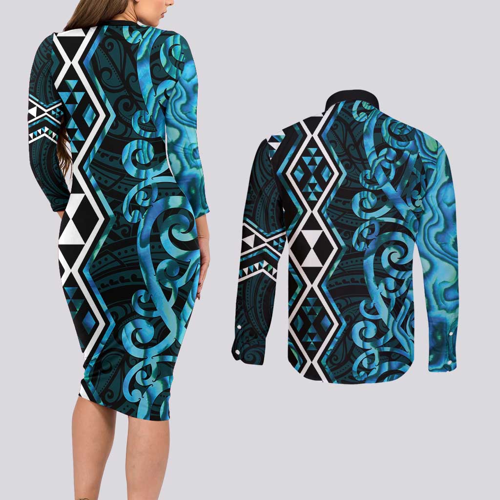 Turquoise Aotearoa Couples Matching Long Sleeve Bodycon Dress and Long Sleeve Button Shirt Taniko Motifs With Paua Shell Kowhaiwhai LT14 - Polynesian Pride