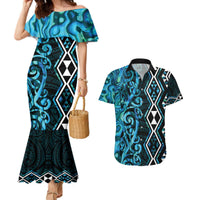 Turquoise Aotearoa Couples Matching Mermaid Dress and Hawaiian Shirt Taniko Motifs With Paua Shell Kowhaiwhai LT14 Turquoise - Polynesian Pride