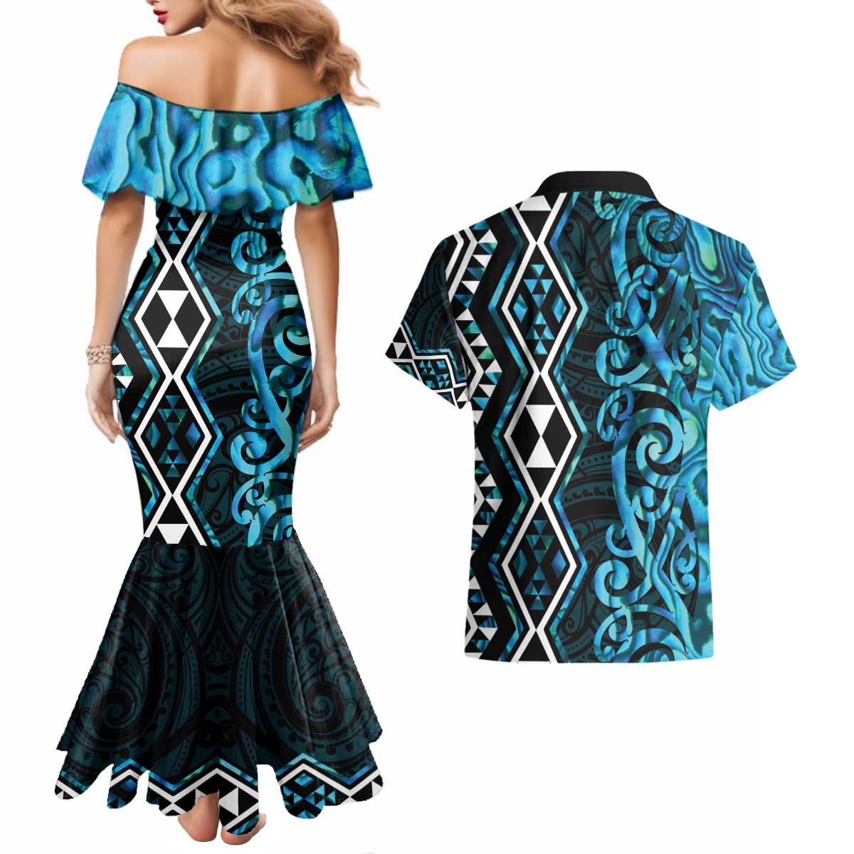 Turquoise Aotearoa Couples Matching Mermaid Dress and Hawaiian Shirt Taniko Motifs With Paua Shell Kowhaiwhai LT14 - Polynesian Pride