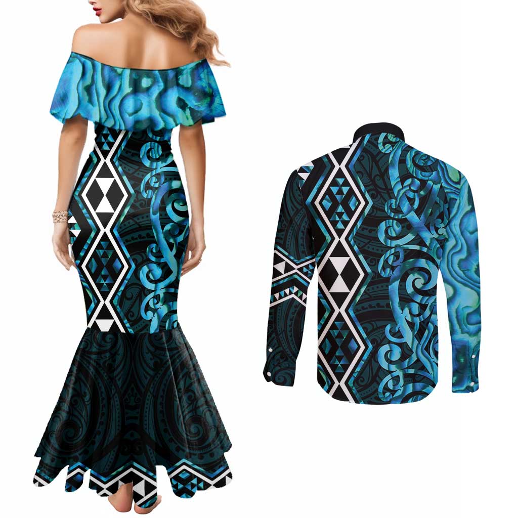 Turquoise Aotearoa Couples Matching Mermaid Dress and Long Sleeve Button Shirt Taniko Motifs With Paua Shell Kowhaiwhai LT14 - Polynesian Pride
