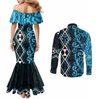 Turquoise Aotearoa Couples Matching Mermaid Dress and Long Sleeve Button Shirt Taniko Motifs With Paua Shell Kowhaiwhai LT14 - Polynesian Pride