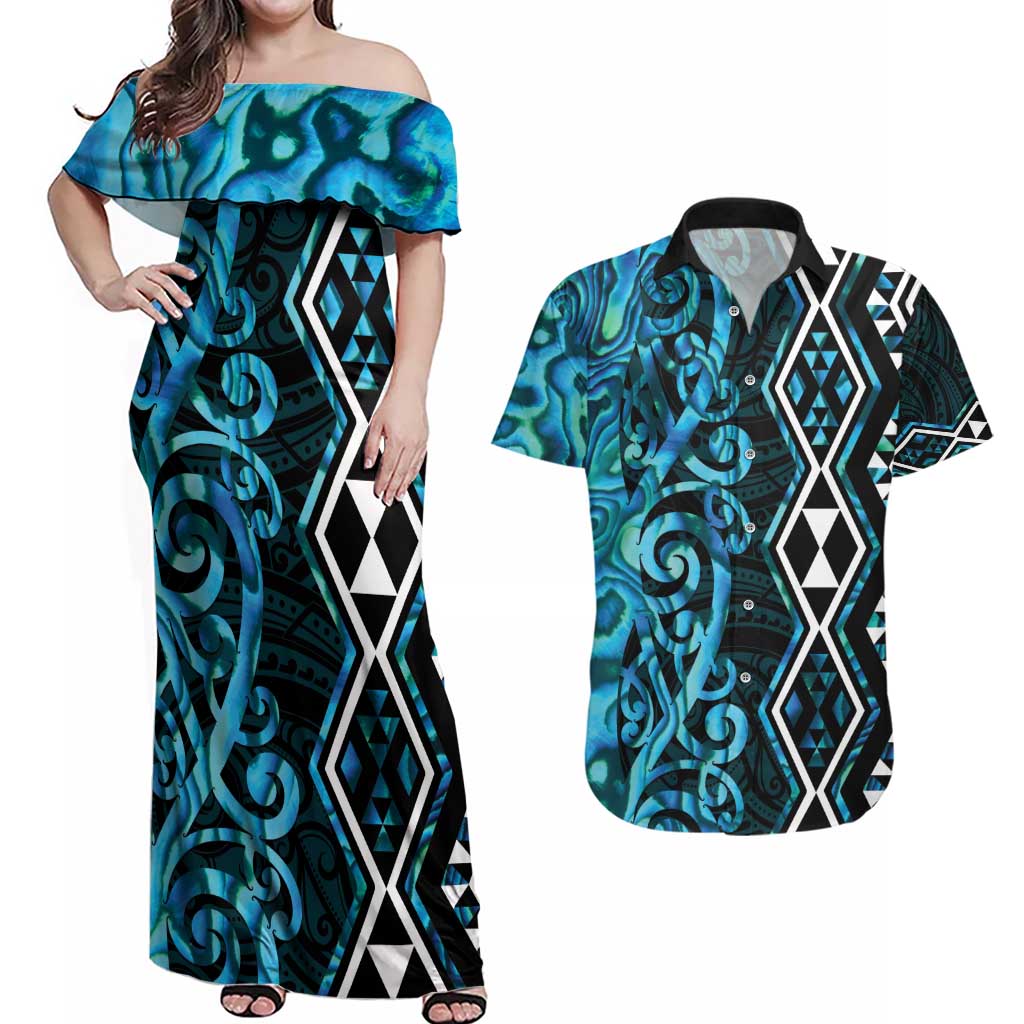 Turquoise Aotearoa Couples Matching Off Shoulder Maxi Dress and Hawaiian Shirt Taniko Motifs With Paua Shell Kowhaiwhai LT14 Turquoise - Polynesian Pride