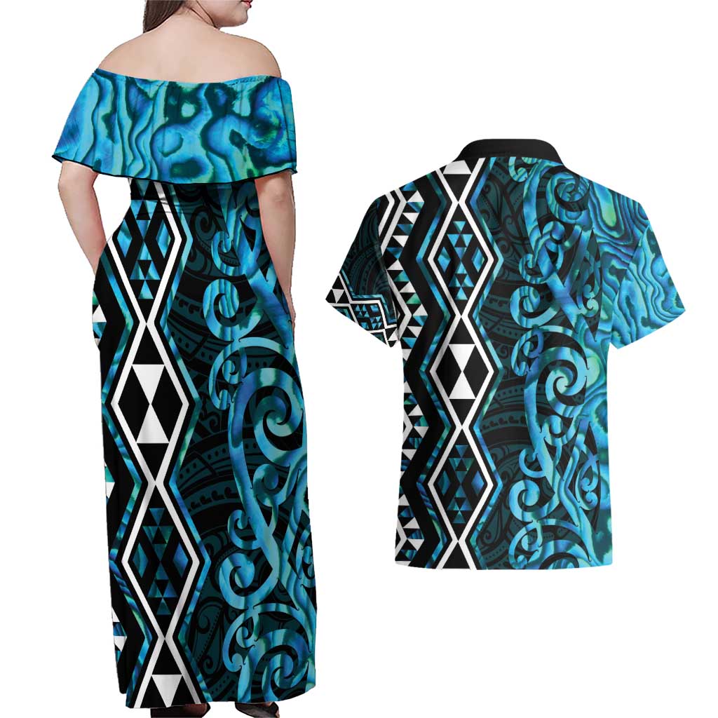 Turquoise Aotearoa Couples Matching Off Shoulder Maxi Dress and Hawaiian Shirt Taniko Motifs With Paua Shell Kowhaiwhai LT14 - Polynesian Pride