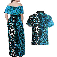 Turquoise Aotearoa Couples Matching Off Shoulder Maxi Dress and Hawaiian Shirt Taniko Motifs With Paua Shell Kowhaiwhai LT14 - Polynesian Pride