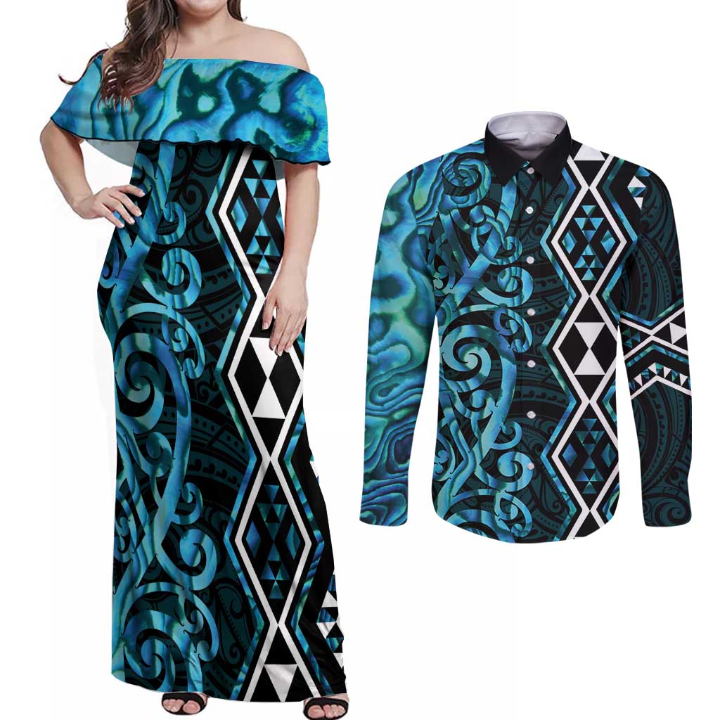 Turquoise Aotearoa Couples Matching Off Shoulder Maxi Dress and Long Sleeve Button Shirt Taniko Motifs With Paua Shell Kowhaiwhai LT14 Turquoise - Polynesian Pride
