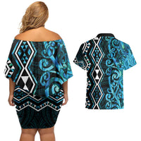 Turquoise Aotearoa Couples Matching Off Shoulder Short Dress and Hawaiian Shirt Taniko Motifs With Paua Shell Kowhaiwhai LT14 - Polynesian Pride