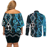 Turquoise Aotearoa Couples Matching Off Shoulder Short Dress and Long Sleeve Button Shirt Taniko Motifs With Paua Shell Kowhaiwhai LT14 - Polynesian Pride