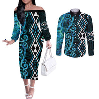 Turquoise Aotearoa Couples Matching Off The Shoulder Long Sleeve Dress and Long Sleeve Button Shirt Taniko Motifs With Paua Shell Kowhaiwhai LT14 Turquoise - Polynesian Pride