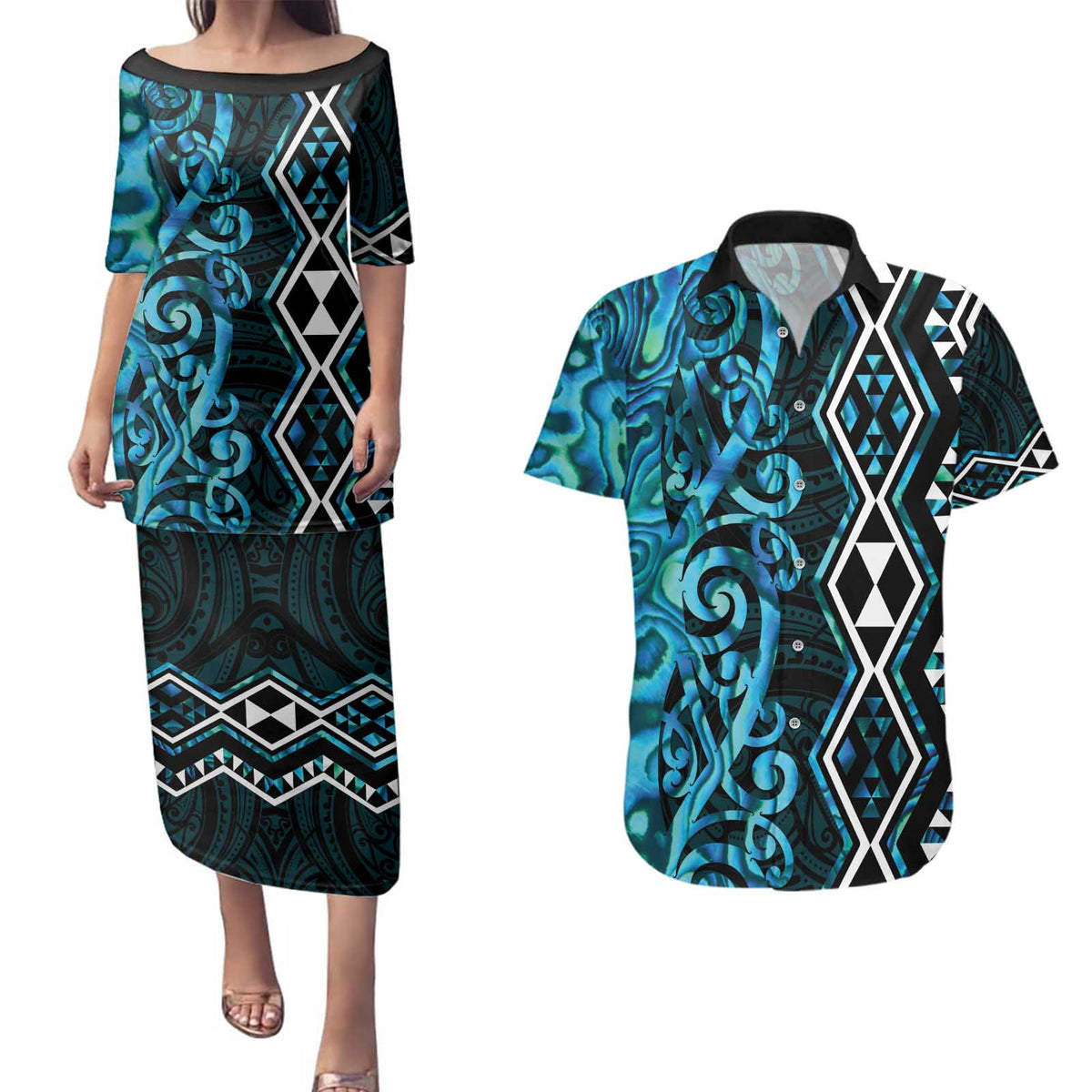 Turquoise Aotearoa Couples Matching Puletasi and Hawaiian Shirt Taniko Motifs With Paua Shell Kowhaiwhai LT14 Turquoise - Polynesian Pride