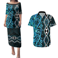 Turquoise Aotearoa Couples Matching Puletasi and Hawaiian Shirt Taniko Motifs With Paua Shell Kowhaiwhai LT14 Turquoise - Polynesian Pride