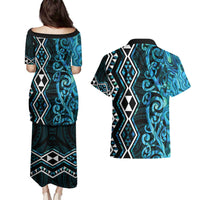 Turquoise Aotearoa Couples Matching Puletasi and Hawaiian Shirt Taniko Motifs With Paua Shell Kowhaiwhai LT14 - Polynesian Pride