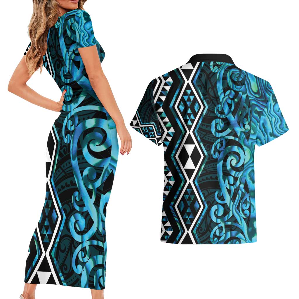 Turquoise Aotearoa Couples Matching Short Sleeve Bodycon Dress and Hawaiian Shirt Taniko Motifs With Paua Shell Kowhaiwhai LT14 - Polynesian Pride