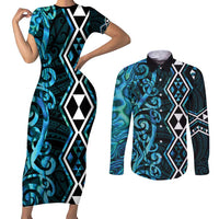 Turquoise Aotearoa Couples Matching Short Sleeve Bodycon Dress and Long Sleeve Button Shirt Taniko Motifs With Paua Shell Kowhaiwhai LT14 Turquoise - Polynesian Pride