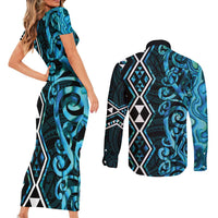 Turquoise Aotearoa Couples Matching Short Sleeve Bodycon Dress and Long Sleeve Button Shirt Taniko Motifs With Paua Shell Kowhaiwhai LT14 - Polynesian Pride